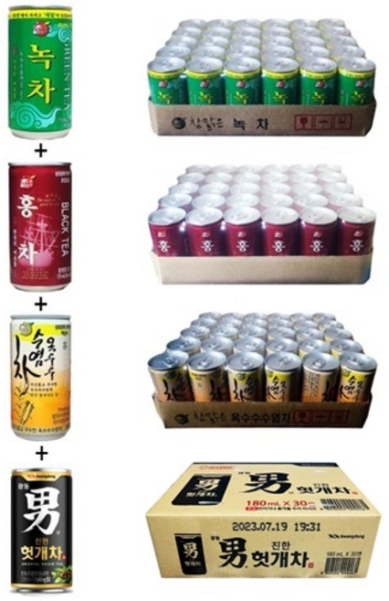 참맑은 녹차 175ml(30캔) + 참맑은 홍차 175ml(30캔) + 참맑은 옥수수수염차 175ml(30캔) + 광동 힘찬하루 헛개차 180ml(30캔), 120개
