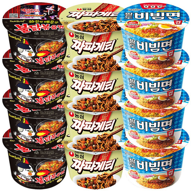 큰컵라면세트 비빔면큰컵4+불닭볶음면큰컵4+짜파게티큰컵4, 1박스