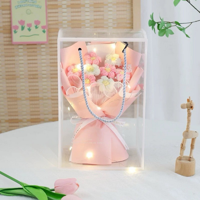 針織花束禮盒 附燈光卡片 毛線玫瑰向日葵, 1個, 泡芙花 粉色 送燈送禮盒, 粉色