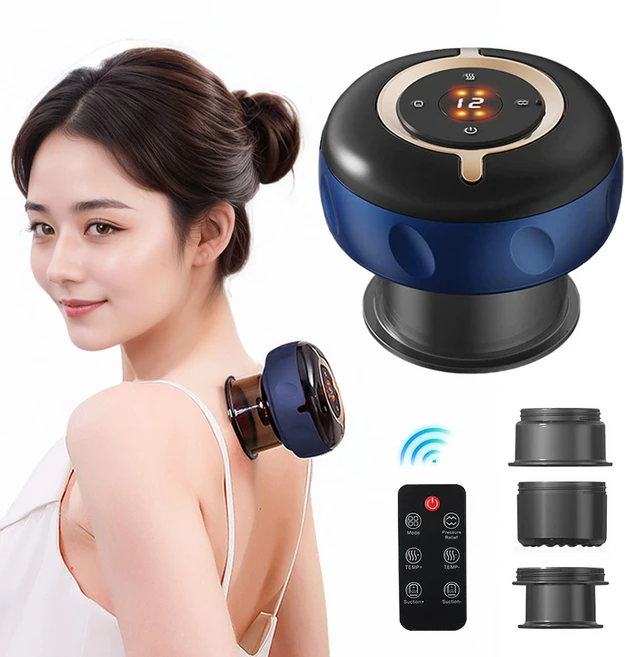 smabat 신형 스마트 괄사 마사지기 흡착식 전신 목 어깨 안마기 12단계 흡입력 온열 리모컨 캡 3개 교체, 블루 - 쿠팡