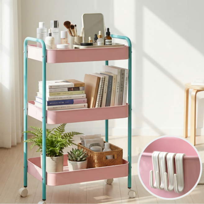 올리올망 철제 틈새 수납장 3단 선반 이동식 트롤리, 핑크 민트