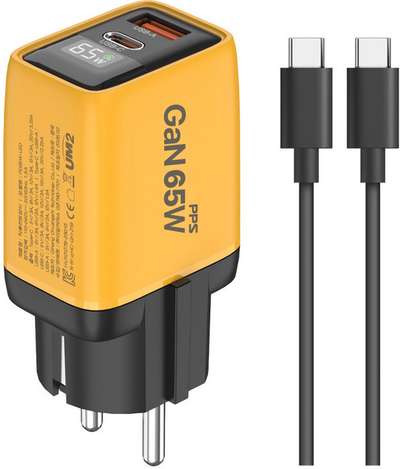 PD65W-LED 2포트 접지형 LCD 초고속 멀티 충전기 GaN PD PPS, 1개, 노란색