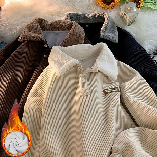 ROYALBELLE 남성 빅사이즈 코듀로이 양털 카라 맨투맨 루즈핏 버튼 디테일 캐주얼 맨투맨 F00121916