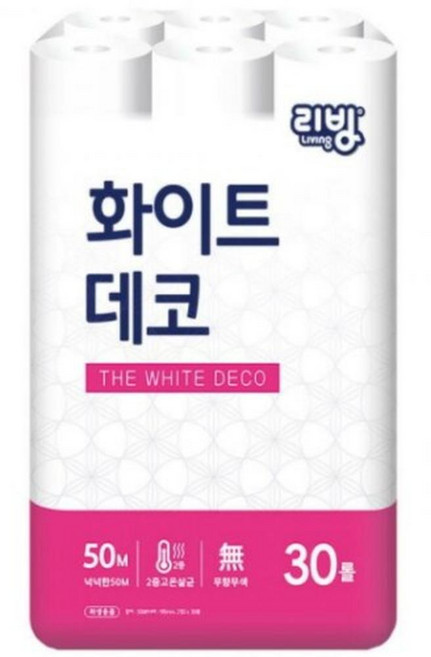 리빙티슈 2겹 화이트데코 일반롤화장지, 50m, 30개입, 6개