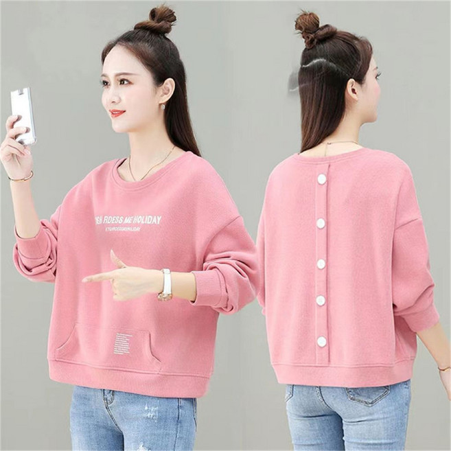 TKX 여성용 가을 레터링 프린트 단추 디테일 캐주얼 맨투맨 중년여성 간편한 짧은 탑 K53