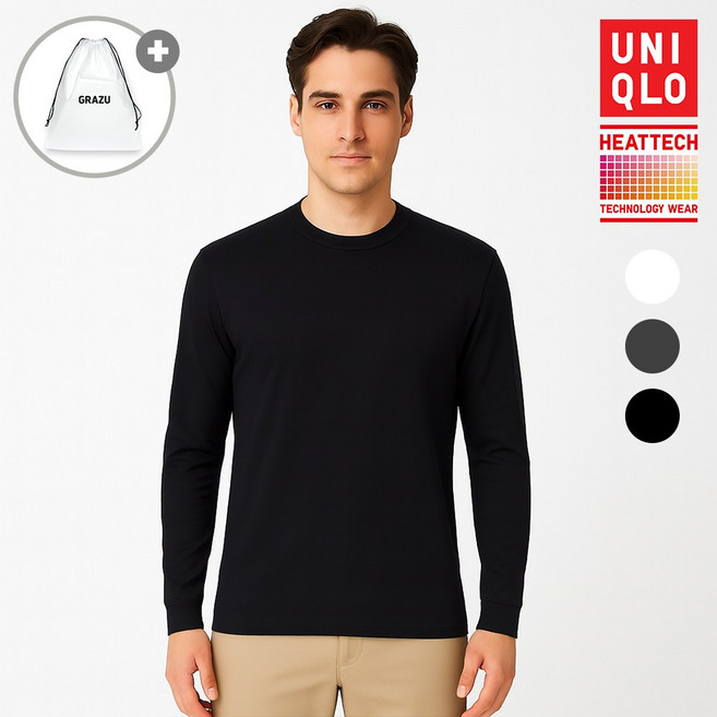 유니클로 남성 히트텍 크루넥 긴팔 티셔츠 9부 발열 내의 내복 상의 + GRAZU 파우치