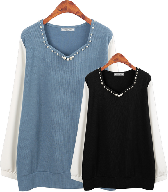 허밍퍼플 여성용 3118-렉사 진주 블라우스 빅사이즈 세련미 넥 장식 찰랑한 배색 체형커버 결혼식 출근룩 여성의류