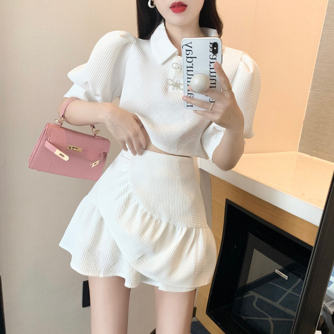 스타일닥터 여성 여름 세트 와플 천사팔 반팔 크롭탑 하이웨이스트 미니스커트 투피스 세트 데일리룩