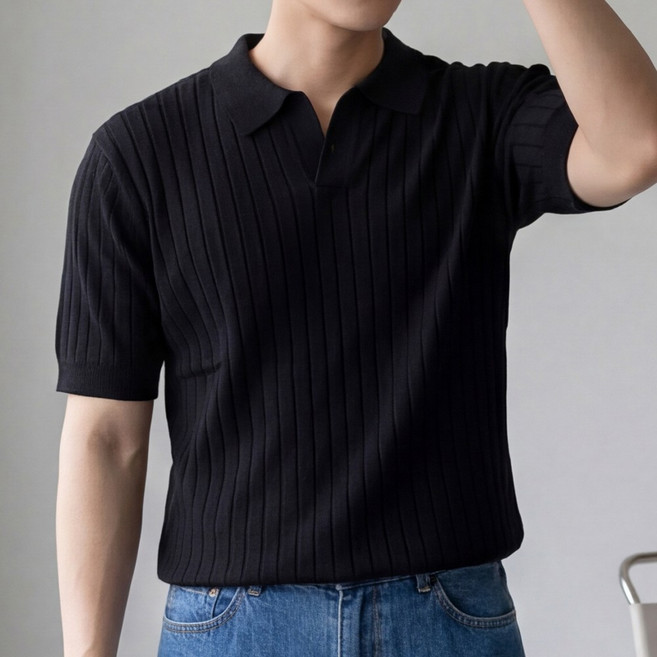 루크 남성 여름 니트 반팔 카라티 봄 데일리 시원한 헨리넥 상의 캐주얼 베이직 기본 티셔츠