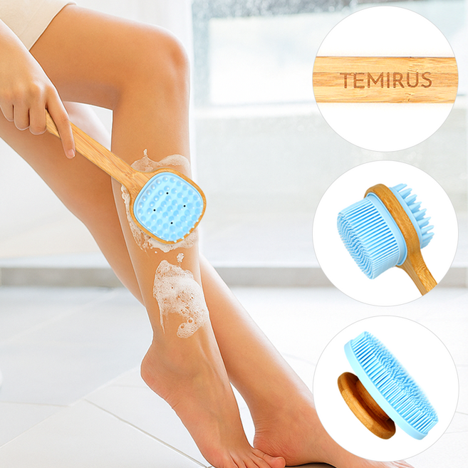 테미러스 우드 실리콘 바디 브러쉬, 블루(양면스틱+핸드형), 1개, 2개입