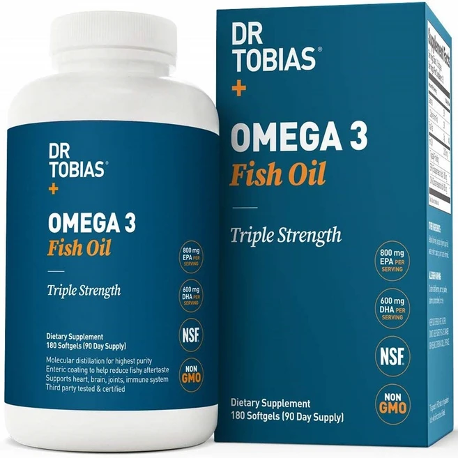 Dr Tobias Omega 3 Fish Oil Triple Strength 2 000mg Burpless Non-GMO NSF-Certified 180 Counts, 1개, 180정 - 쿠팡
