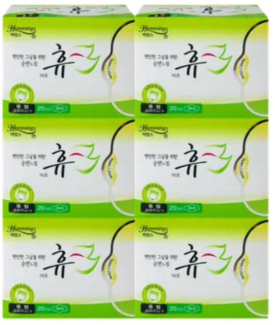 허밍스 편안한 쉼 휴 순면감촉 울트라슬림 생리대, 20개입, 6개
