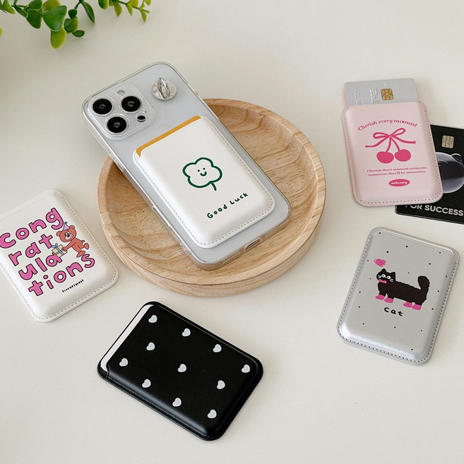 귀여운 캐릭터 맥세이프 카드 지갑 3장 수납 휴대폰 접착식 케이스 부착형, 네잎클로버, 1개