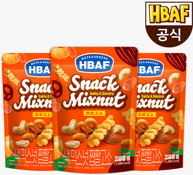 바프 스낵 믹스넛 짭짤고소, 200g, 3개