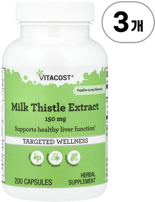 비타코스트 밀크씨슬 추출물 150mg Vitacost Milk Thistle Extract 150 mg 200정, 3개 - 쿠팡