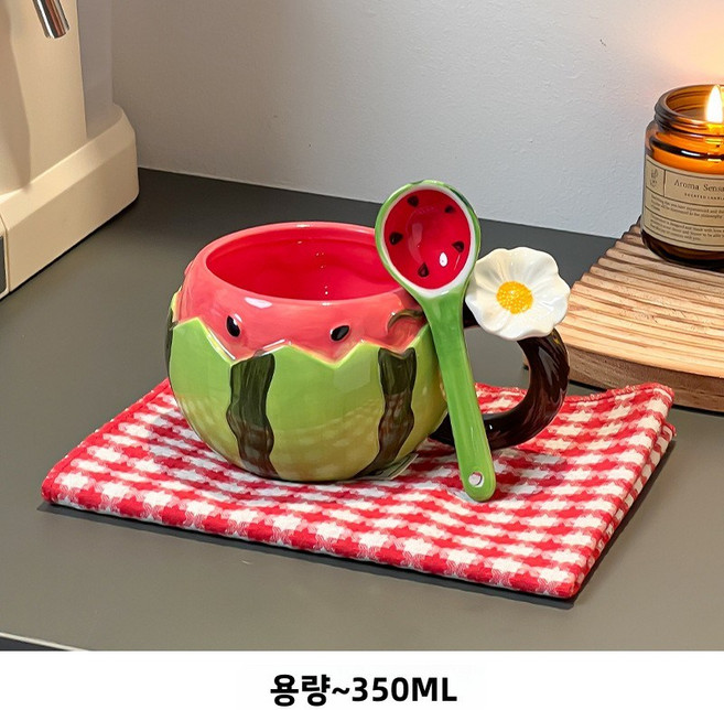 수박 모양 머그컵 세라믹 컵 물컵 커피컵 귀여운 여자친구 생일 선물 개학 선물로 좋습니다., 201-300ml, 수박컵+스푼[선물세트]