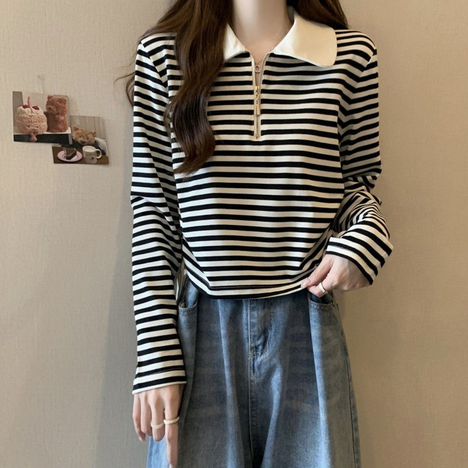 Makone 여성 카라넥 반집업 스트라이프 옆스트링 데일리 긴팔 티셔츠