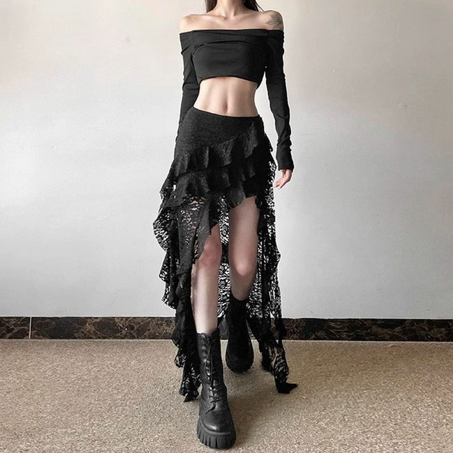 다중성 여성 레이스 언밸런스 스커트 하이웨스트 슬림 스커트