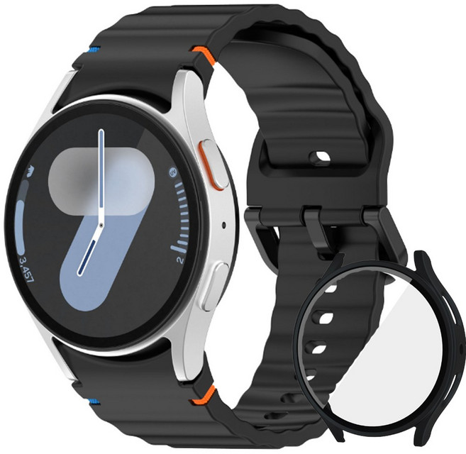 아이비온 갤럭시워치 날개형 실리콘 40 44 mm 스트랩 + 풀커버 케이스 세트, 딥블랙, 1개