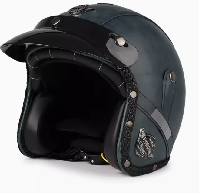 SVEC 클래식 바이크 헬멧 오토바이 경량 가죽 킥보드 할리 오픈페이스, XL, 그린