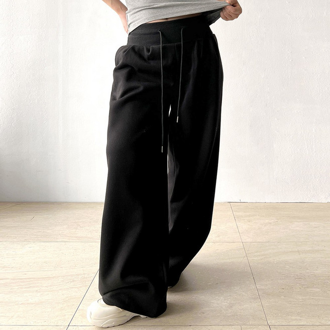 네모엔룩 와이드밴딩 여성용 로우라이즈 핀턱 허리골반선 시보리밴딩 스트링 루즈핏 와이드 트레이닝 밴딩 팬츠