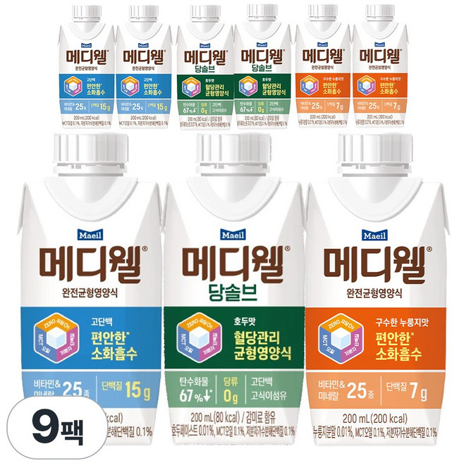 매일 메디웰 완전 균형 영양식 고단백 밤맛 + 구수한 누룽지맛 + 당솔브 호두맛 혼합 환자 식사대용, 1세트, 1.8L