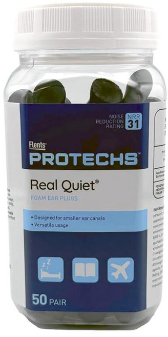 Flents Protechs 작은 외이도용 리얼 콰이어트 폼 이어 플러그 수면 직장 여행 및 시끄러운 소음을 위한 부드럽고 편안한 청력 보호 NRR 31 쉬운 사용, 50 pair (Pack of 1), Black, 1