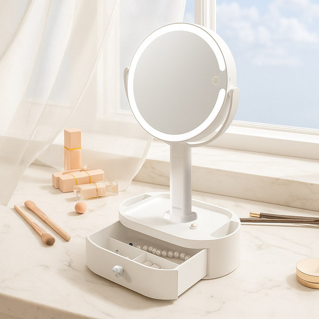 루나미러 탁상용 메이크업 서랍형 무선 조명 거울(일반확대 양면) LM-M29, 거울