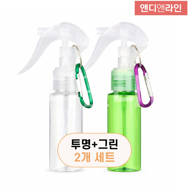 앤디앤라인 휴대용 미니 스프레이 분무기 공병 키링 고리 60ml 세트, 2개, 투명+그린