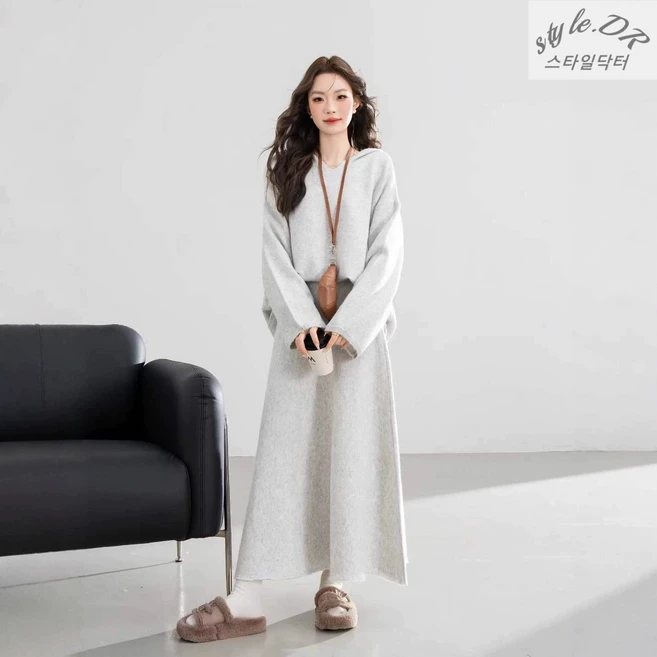 ANYOU 여성 후드 니트 세트 (니트 가디건 니트 스커트 루즈핏 겨울 셋업