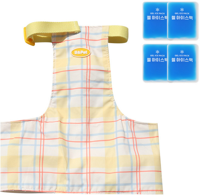 유앤펫 강아지 체크 아이스팩 포켓 여름 쿨조끼 중형견 대형견, 옐로우체크(아이스팩4개), 1개
