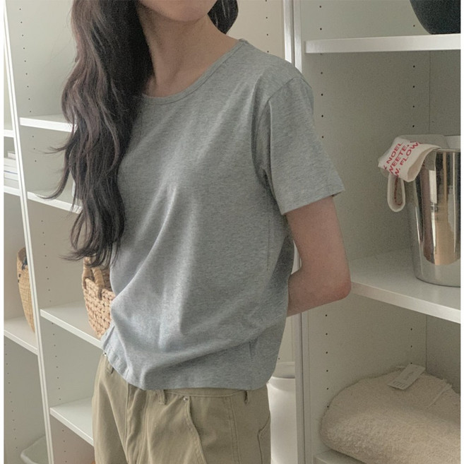 r154 모달 말랑티 라운드 세미크롭 반팔티셔츠 무지 스판 심플 국내생산 데일리티