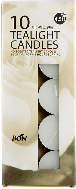 티라이트 10개 4.5시간연소 BON Candle 무향 하양(흰색) 양초, 14g, 1세트