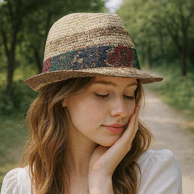 팸드님 천연소재 라피아 믹스 나염 중절모 여름 페도라