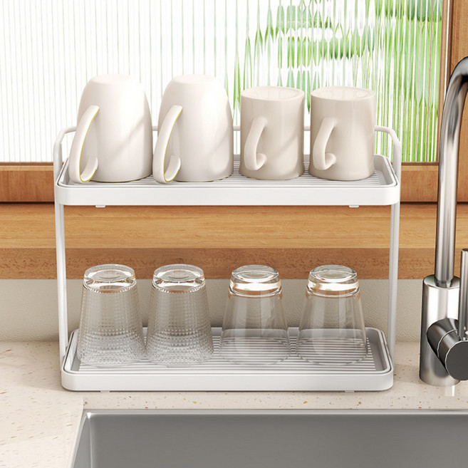 마힐스 미니 2단 컵 거치대 텀블러 건조대, 1개, 중형 화이트