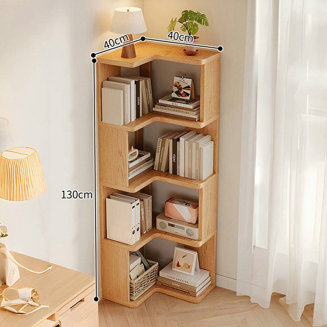 코너 책장 층이 많은 다기능의 코너 거실 서재 우드 책꽂이, 원목색, 4단