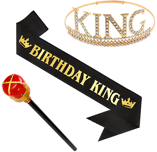 투데이리빙 3종 세트 남자 생일 파티 왕관 패키지 왕자 소품 크라운 머리띠 어깨띠 지팡이 축하 용품, S99002B, 1세트, 블랙+골드