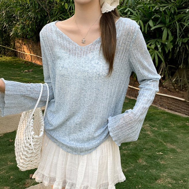 cammello 루즈핏 시스루 브이넥 긴팔티 커버업 레이어드 니트 바캉스룩