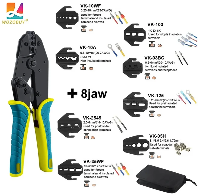 WOZOBUY VK-40J 열 수축 크림핑 도구 페룰 와이어 엔드 오픈 배럴 절연 PV 컨넥터다양조, 01 X40J 8jaw bag, 1개