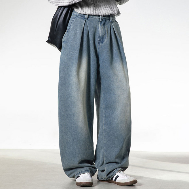 코디코치 더변워싱 남성 핀턱 와이드 벌룬 데님 팬츠 빈티지 워싱 청바지 오버핏 밴딩 빅사이즈