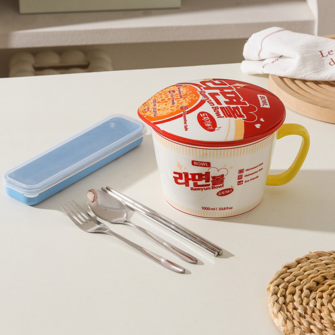 귀월미 한국식 세라믹 라면그릇 뚜껑 포함 대용량 손잡이 면기 전자레인지용 기숙사 식기, 1개, 레드