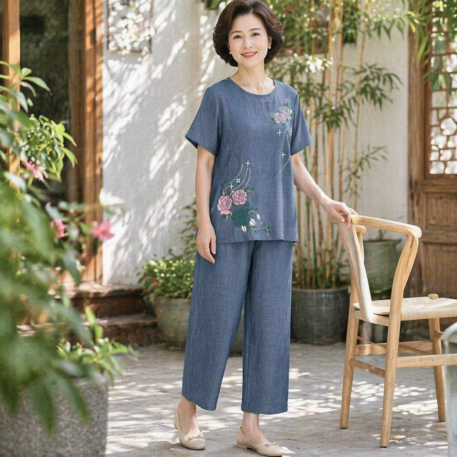중년 여성 순면 꽃자수 홈웨어 세트 여름 얇은 반팔 티셔츠 + 와이드 팬츠 어머니 할머니 편안한 외출 겸용 잠옷 상하의 세트