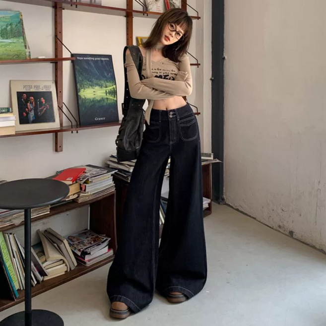 couchsurfing 여성 하이웨이스트 와이드 데님 팬츠