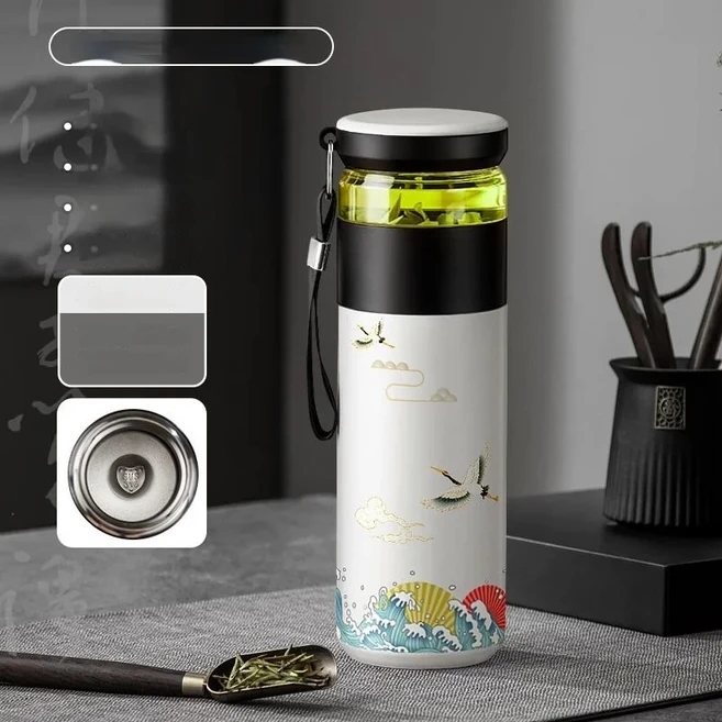 GIANXI 500ML 스테인레스 스틸 보온병 뚜껑 휴대용 진공 플라스크 붉은 왕관 크레인 패턴 커피 차 물병, 01 500ML, 02 White 316, 1개