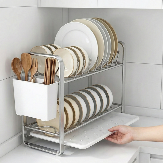 플로딧 틈새 식기건조대 스텐 슬림 싱크대선반, 1개, 화이트, 2단