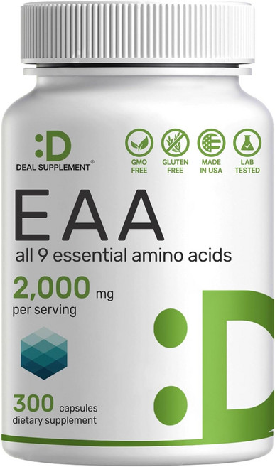 필수 아미노산(EAA) 1회 제공량당 2000mg 300캡슐 - 무향 - 9 in 1 모든 BCAA(분기형 아미노산) - 순수 근육 지원 및 천연 운동 전 보충제, 필수아미노산EAA1회제공량당2000mg300캡슐무향9i, 1개