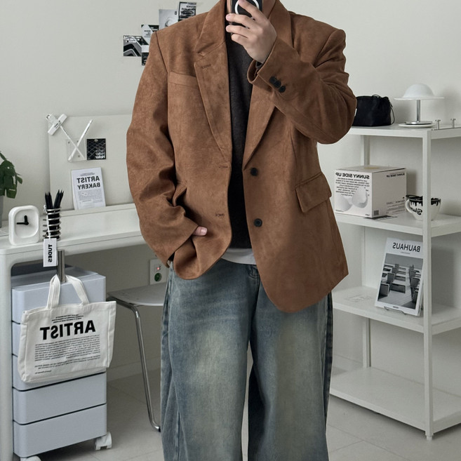 르위 오버핏 스웨이드 블레이저 자켓 싱글 정장 빅사이즈