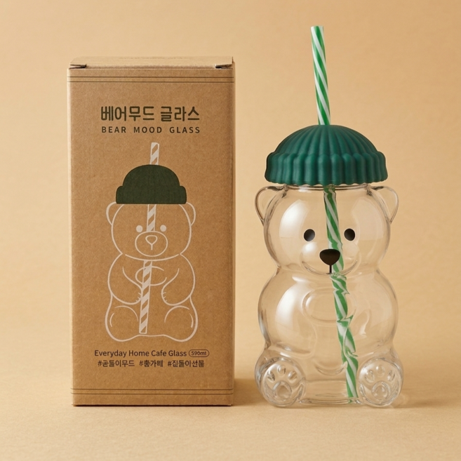베어무드 글라스 곰돌이 유리컵 텀블러 590ml 베어리스타 빨대유리컵 아이스컵 홈카페, one color, 1개