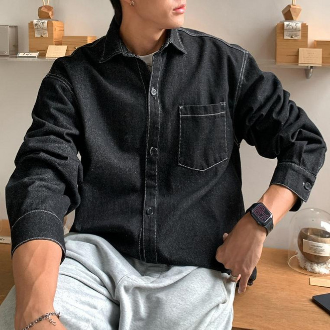 HANYO 남성용 레트로 Y2K 와이드 핏 캐주얼 긴팔 데님 셔츠