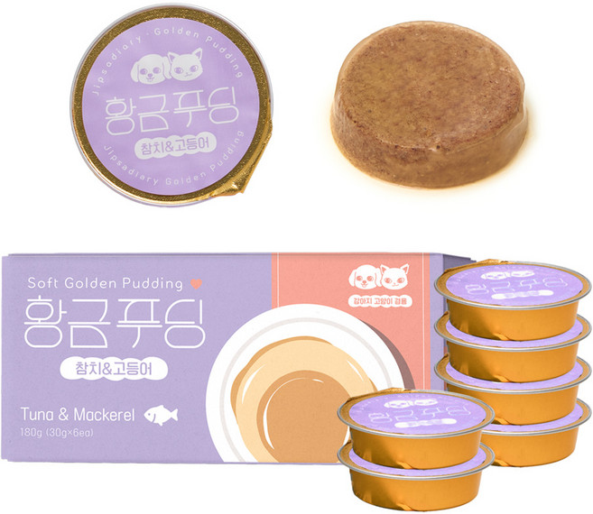 집사일기 반려동물 황금푸딩 간식 미니캔, 혼합맛(참치/고등어), 30g, 6개